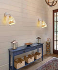White Wall Sconces Set Of 2 With Adjustable 240 Degree Swing Arm Dope Boho Rattan Cage Lamps in a hallway scene