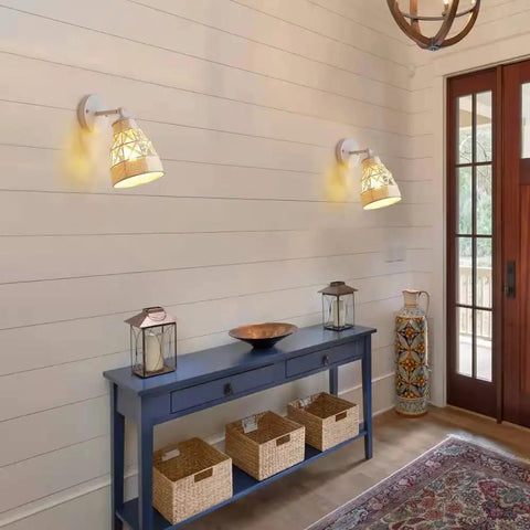 White Wall Sconces Set Of 2 With Adjustable 240 Degree Swing Arm Dope Boho Rattan Cage Lamps in a hallway scene