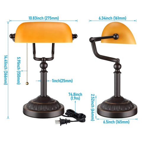Amber Glass Bankers Desk Lamp With Retro Weighted Base And Old School Vibe, Matte Orange Vintage Desk Lamp Dimensions View