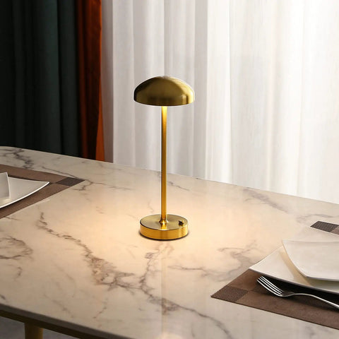 Cordless LED Table Lamp With Touch Sensor, Dimmable Brightness and Three Color Modes, on dining table with marble top.