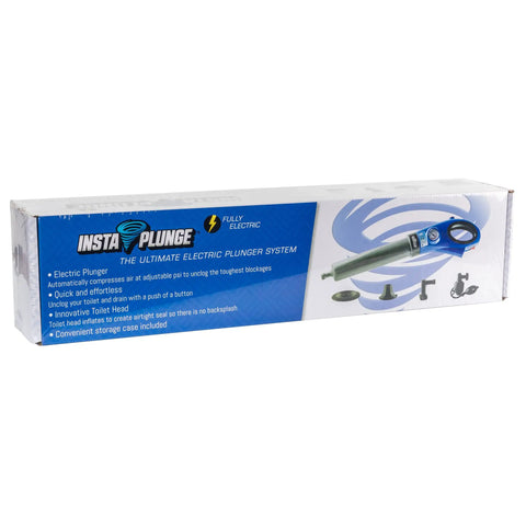 Box of Electric Plunger System with multiple attachments for toilets, drains, sinks, and showers, push button action, no mess.
