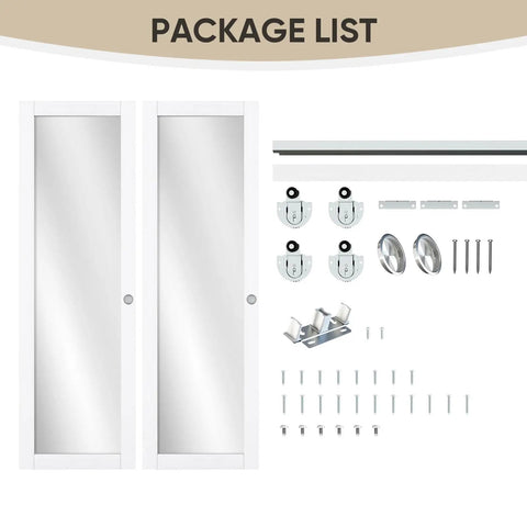 Package list for Heavy Duty 60 By 80 Inch White Preassembled Mirror Closet Door With Waterproof Wood Frame And Complete Slide Hardware Plus Matching Fascia.
