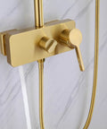 Wall Mounted Exposed Shower System Brushed Gold 3 in 1 close-up of faucet control and handheld sprayer connection.
