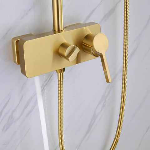 Wall Mounted Exposed Shower System Brushed Gold 3 in 1 close-up of faucet control and handheld sprayer connection.