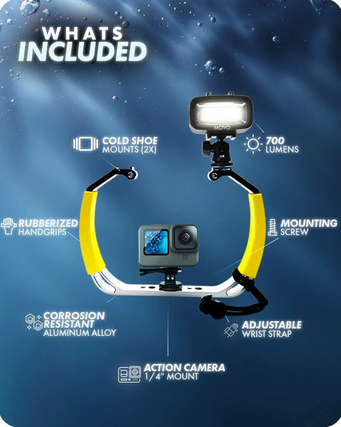 Diving Rig Bundle With Waterproof LED Light For GoPro Hero Series shown with aluminum tray, rubberized handgrips, and mounts.