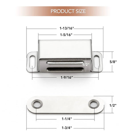 4 Pack Silver Magnetic Door Catch Set For Cabinets, Drawers And Cupboards, Brushed Satin Nickel Finish, product size dimensions.