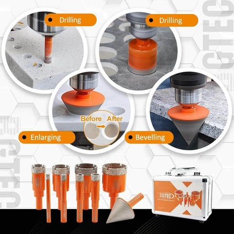 Dry Diamond Drill Bit Set BGTEC by Amazon; orange vacuum-brazed bits in sizes 6–35 mm and a 2-inch chamfer bit in a case
