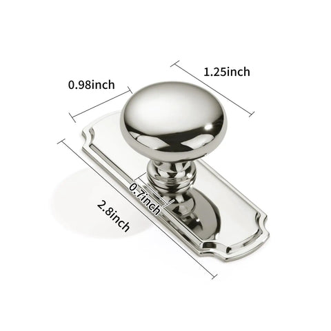 Five Pack Heavy Duty Polished Nickel Cabinet Knobs And Backplates, 1 25 Inch Center To Center, Built Like A Truck Zinc Alloy Vintage Drawer Pulls For Breezy Kitchen Refresh Upgrades. Close up of polished nickel knob with backplate dimensions.