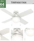 Timpani 44 Inch Ceiling Fan Fresh White With Reversible Motor For Seasonal Cooling And Warm Air Circulation, Low Profile Indoor Use