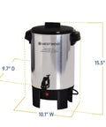 30 Cup Coffee Urn With Automatic Temperature Control And Fast Cup Per Minute Brewing Easy Cleanup In Basket Measuring Guide Ready Light Highly Polished Aluminum Silver Finish Ideal For Large Offices Events And Meetings, front view showing dimensions