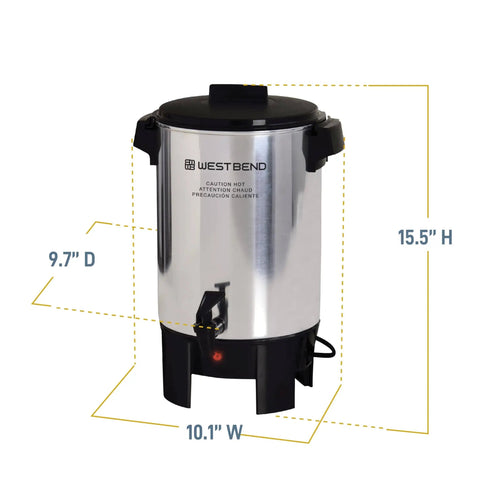 30 Cup Coffee Urn With Automatic Temperature Control And Fast Cup Per Minute Brewing Easy Cleanup In Basket Measuring Guide Ready Light Highly Polished Aluminum Silver Finish Ideal For Large Offices Events And Meetings, front view showing dimensions
