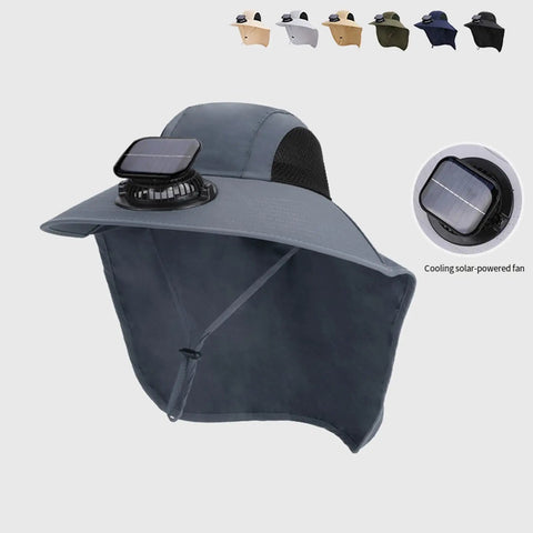 Solar Powered Fan Hat With Detachable USB Solar Power, Wide Brim Sun Shield, Black, showing solar fan and mesh ventilation