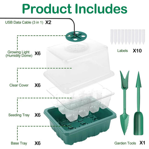 Seed Starter Tray With Grow Light Kit Six Pack Of 12 Cell Trays With Humidity Domes Adjustable Humidity From 50 To 100 Percent Indoor Gardening Germination System For Easy Seed Starting Ideal For Beginners And DIY Growers