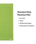 Cricut StandardGrip cutting mat, 12x12 inches, green with grid, Cricut logo visible.
