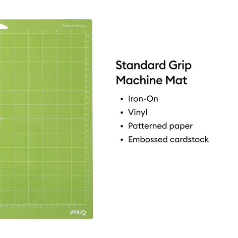 Cricut StandardGrip cutting mat, 12x12 inches, green with grid, Cricut logo visible.