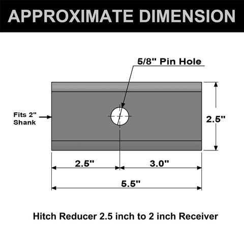 Diagram showing dimensions of Trailer Hitch Reducer Sleeve From 2-1/2 Inch To 2 Inch Receiver with 5/8" pin hole.