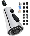 Universal Kitchen Faucet Head Replacement With Fifteen Adapter Kit, chrome pull-down sprayer, three function modes.