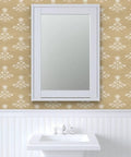 Heavy Duty Pvc Free Wallpaper With Matte Linen Texture Block Print Design on bathroom wall with white sink and mirror.