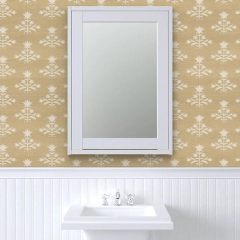 Custom Printed Block Print Faux Vinyl Wallpaper Featuring Subtle Leather Texture And Next Level Commercial Grade Durability Professional Paste Application For Event Spaces And Home Refreshes Built Tough with white mirror and sink.