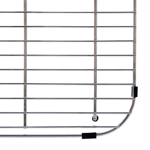 Close-up view of Stainless Steel Sink Protection Grid With Rear Drain For Most Double Bowl Sinks Built Tough With Raised PVC Feet