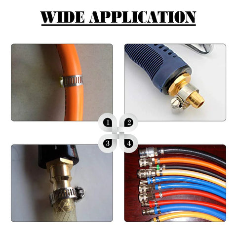 Glarks 65-piece 304 stainless steel worm-gear hose clamps, 8–44 mm, shown on orange and other hoses (collage).