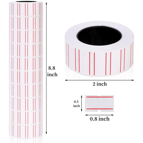 Stacked and single rolls of 30000 White Price Gun Labels On 60 Rolls For Pricing Like A Boss Pricemarker Stickers, with dimensions shown.