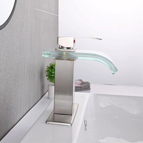 Dope LED Temperature Sensing Waterfall Vanity Faucet In Brushed Nickel With Color Changing Glow 1 Hole Mount Wide Glass Spout