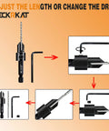 Adjustable components of 12 Piece Countersink Drill Bit Set With 3 In 1 Wood Counterbore Kit For Screws Size Six To Sixteen