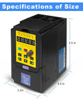 Variable Frequency Drive 0.75KW 1HP 110V Single Phase To 3 Phase Output front view with size specifications