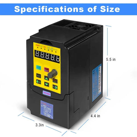Variable Frequency Drive 0.75KW 1HP 110V Single Phase To 3 Phase Output front view with size specifications