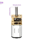6V 15RPM Micro DC Gear Motor With Metal Gearbox, 10mm Output Shaft, 1 to 298 Reduction, 0.5W, close-up view with size labels