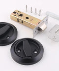 Black Round Privacy Door Knobs Set In 304 Stainless Steel With Hidden Door Pulls And Chicago Screws Durable Locker And Furniture Handles Fits 35mm To 55mm Doors Easy Install Sleek Modern Hardware components displayed