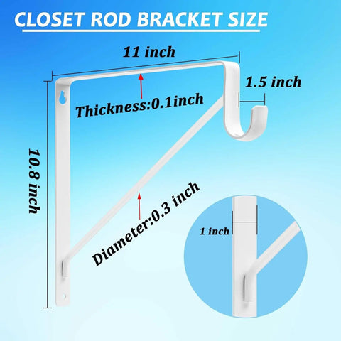 Detailed measurement image of Heavy Duty Closet Shelf Rod Brackets 4 Pack 11X11 Inch White Steel Wall Mounts.