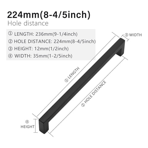 Matte Black Cabinet Pulls Five Pack Square Drawer Handles 9 1/4 Inch Total Length 236 Mm 12 Mm Wide 35 Mm High With 8 4/5 Inch Center Hole 224 Mm Stainless Steel Kitchen Cupboard Door Hardware showing dimensions