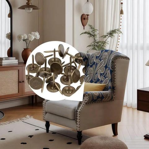 Total No Sweat Bronze Upholstery Thumb Tacks For Couch And Wall Wood Crafting Include Legit 100 Piece Kit displayed in modern living room.