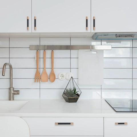 Installed Ten Pack Knurled Cabinet Handles Center To Center Five Inch Black And Champagne Copper Kitchen Cabinet Hardware