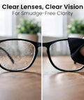 EVEO eyeglasses cleaning spray kit with microfiber cloth; split view shows dirty left lens and clean right lens.