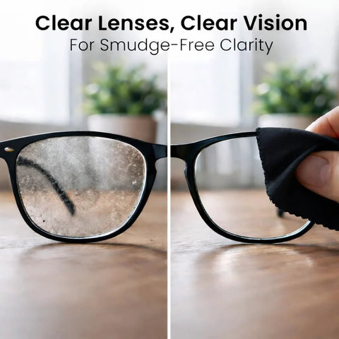 EVEO eyeglasses cleaning spray kit with microfiber cloth; split view shows dirty left lens and clean right lens.