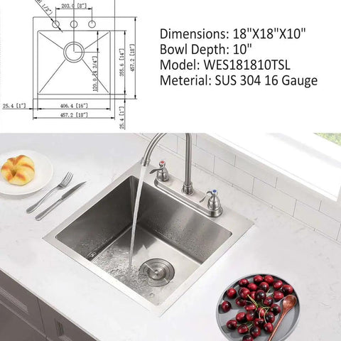 18x18 Inch Drop In Bar Sink For Small Kitchens And RVs, 16 Gauge 304 Stainless Steel Single Bowl With Bottom Grid, installed in kitchen