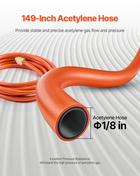 Close-up of 149-inch acetylene hose with F1/8 in diameter for Air Acetylene Torch Kit With 149 Inch Hose, Two Welding Tips, CGA200 Regulator And Torch Handle For Home DIY Projects, Heavy Duty Weld And Brazing Tool Set For Industrial Jobs Without Gas Cylinder