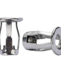 Close-up of two carbon steel M6 jack nuts for auto body repair, showing the threaded inserts and petal design, heavy duty.