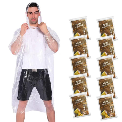 Man wearing Your Go To Disposable Rain Ponchos With Drawstring Hood For Adults, Emergency Family Pack next to poncho packages
