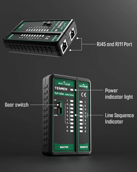 Pro Grade TLP-123A Network Cable Tester For RJ45 RJ11 Ethernet Cables CAT5 to CAT7 UTP and STP, master and remote units