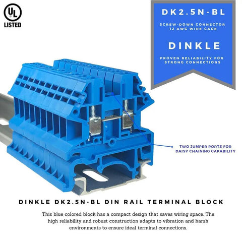 Blue DK2.5N-BL DIN Rail Terminal Block Screw Type With UL 600V 20A 12-22AWG for industrial projects, close-up view