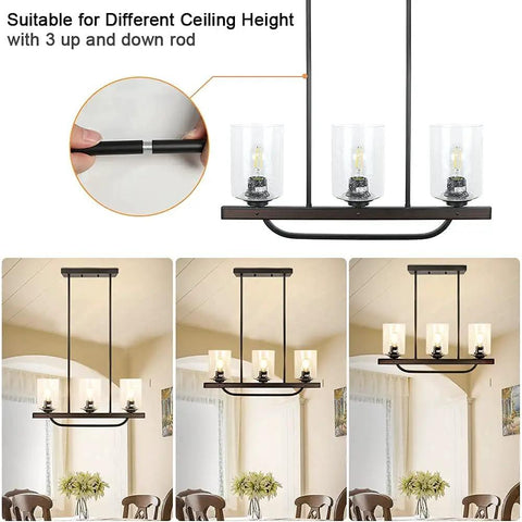 Three Light Rustic Pendant Light Fixture With Glass Shade, Flush Mount Farmhouse Chandelier In Black For Kitchen Island And Dining Room, Adjustable Ceiling Light With E26 Base For Home And Restaurant