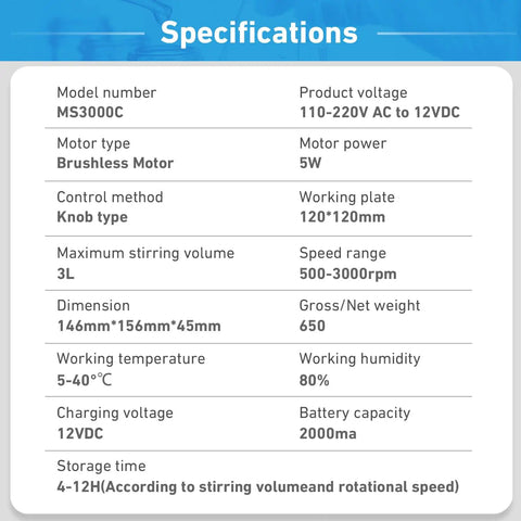 Rechargeable Magnetic Stirrer Mixer 3000 RPM With Stir Bar Brushless DC Motor specifications chart