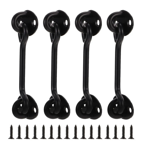 Heavy Duty 16 Pack Barn Door Hook And Eye Latch Kit Tough As Nails Stainless Steel Gate Hasp For Sheds Cabins And Outbuildings No Fuss Setup Top Notch Locking Action Durable Finish, showing four black hooks with screws.