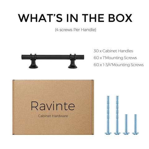 Image showing contents of Dope 30 Pack 6 Inch Matte Black Cabinet Pulls With Round Base, screws, and packaging box.