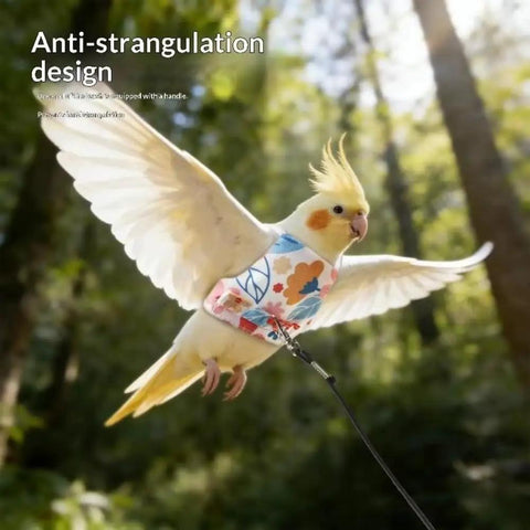 Anti Pinch Design Bird Flight Suit For Parrots Adjustable Walking Harness in use outdoors with 130cm traction rope