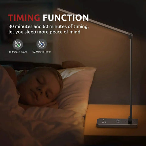 Child sleeping under the glow of Boss Desk Lamp With Wireless Charging 10W And USB Port Dimmable Eye Caring Light With 10 Brightness Levels